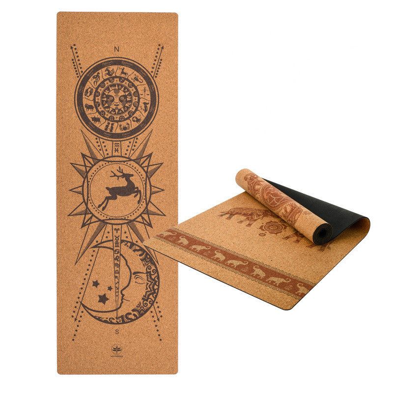 Cork yoga mat with zodiac signs, celestial symbols, and animal patterns on natural surface